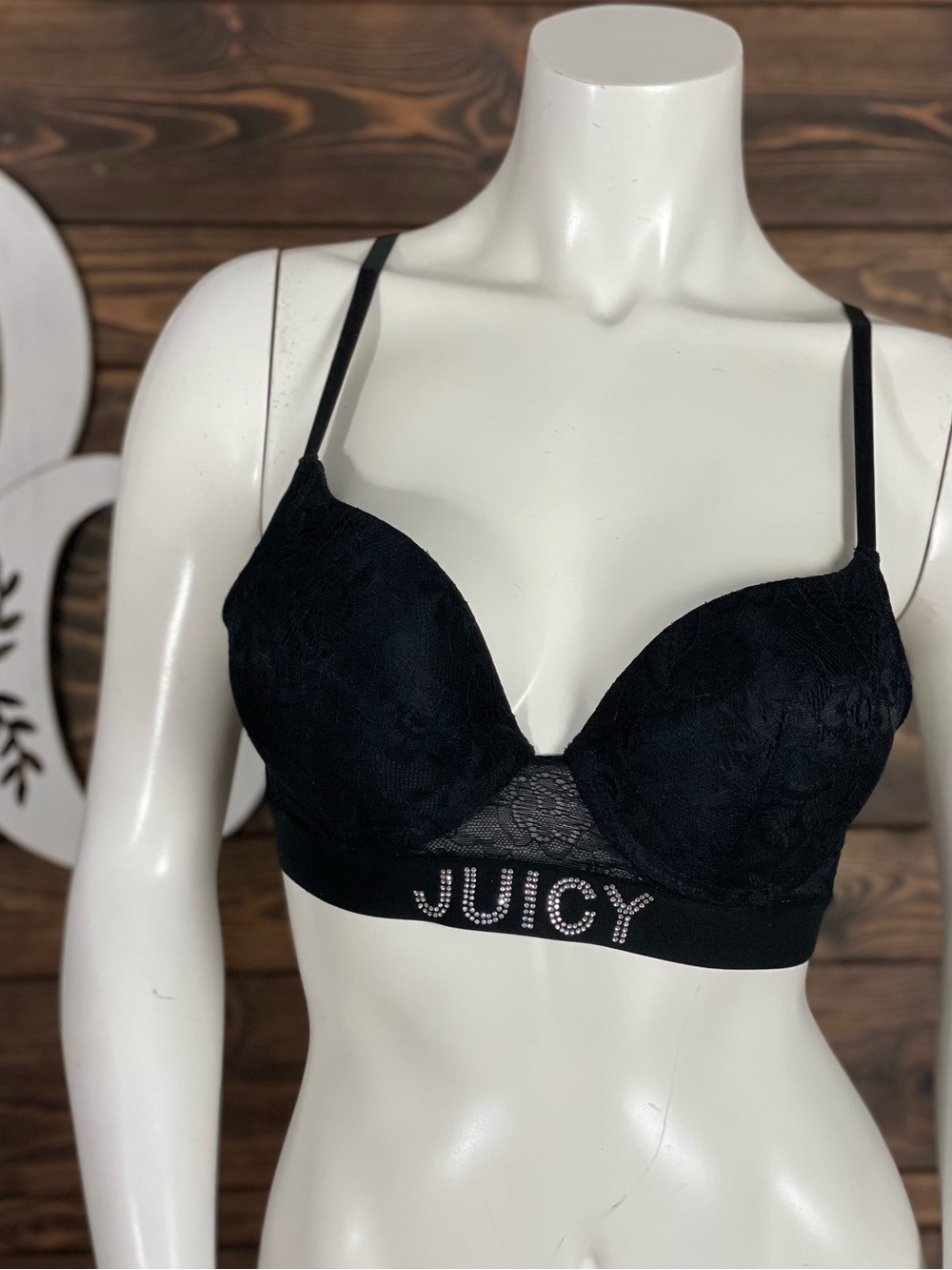Juicy Couture | Black Lace Push Up Bra Rhinestone JUICY Crystal Band Underwire